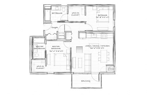 Floor plan for 2 beds, 2 baths, 943 sqft